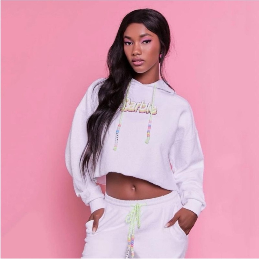 Barbie x Forever 21 White slightly Cropped terry cloth Hoodie with Beads